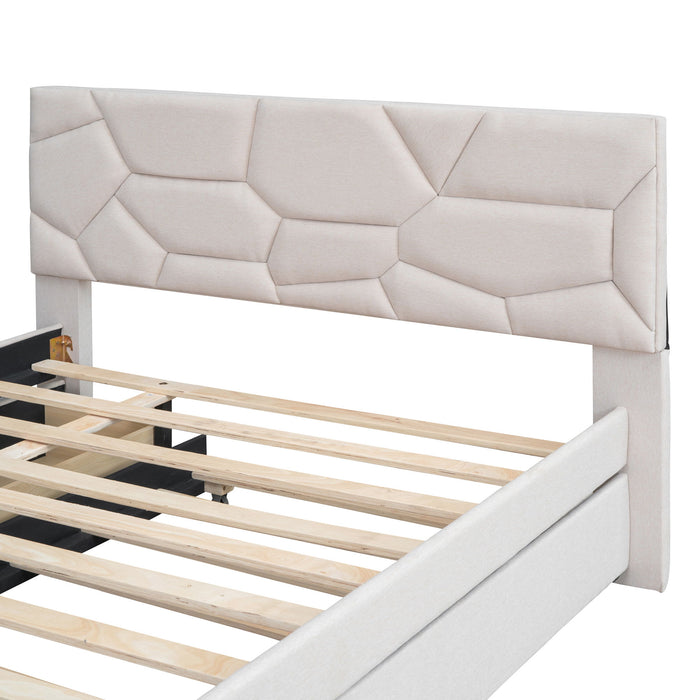Upholstered Platform Bed With Brick Pattern Headboard And Twin Long Size Trundle