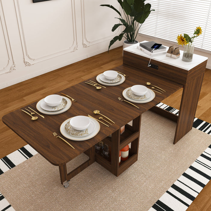 Extendable Dining Table With Power Socket, Lockable Casters, Storage Cabinet, Pull Out Kitchen Island - Natural Walnut