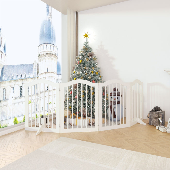 4 Panel Freestanding Pet Gate With Foldable Design And Support Feet - White