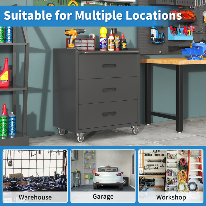 Heavy Duty Metal Storage Cabinet With Wheels 3 Drawer Tool Cabinet For Garage, Office, And Home Organizer Solutions