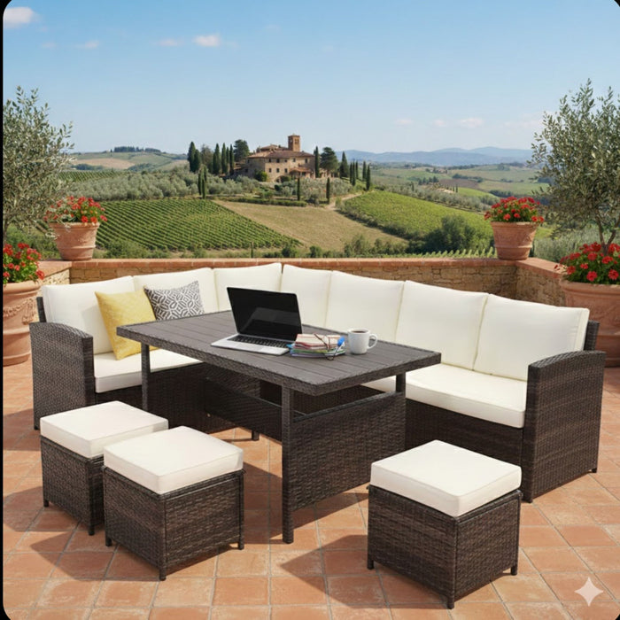 7 Piece Outdoor Dining Set With Cushions, Modular Sectional Sofa And Table