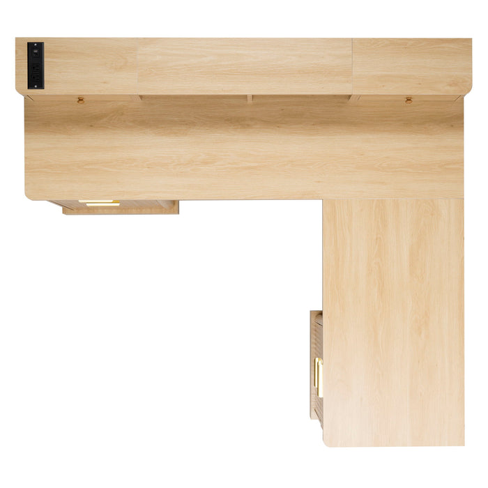 Fluted L-Shaped Desk With Charging Station & Storage Cabinet