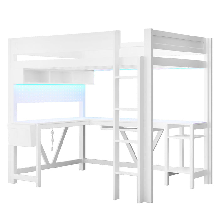 Gaming Loft Bed With Desk, Storage Shelves, LED And Charging Station