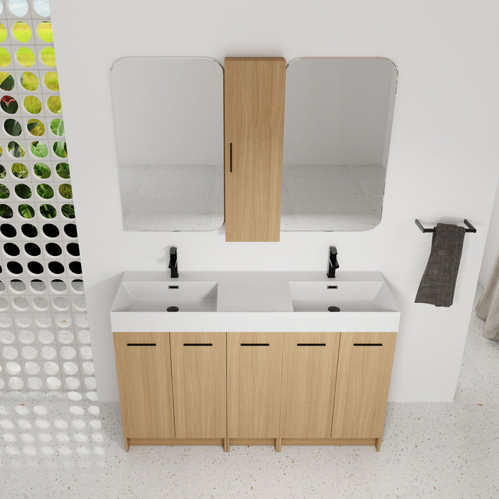 Double Sink Bathroom Vanity Set With Tall Linen Cabinet, Extra Large Storage, Integrated Sink, Freestanding Cabinet - Light Oak / White