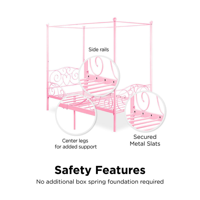 Twin Canopy Bed With Heart Scroll Design And Finial Posts - Pink