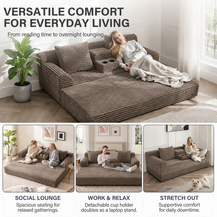 Soft Striped Convertible Sofa Bed, Dual Use Lounge Couch With Cup Holders And Pillows