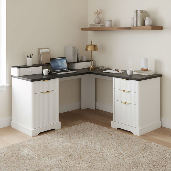 Fluted L-Shaped Desk With Charging Station & Storage Cabinet