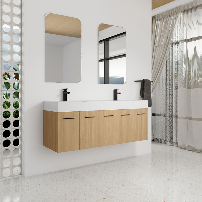 Floating Double Sink Bathroom Vanity With Extra Large Storage, Integrated Sink, Soft Close Doors, Wall Mounted Bath Vanity - Glossy White / Light Oak