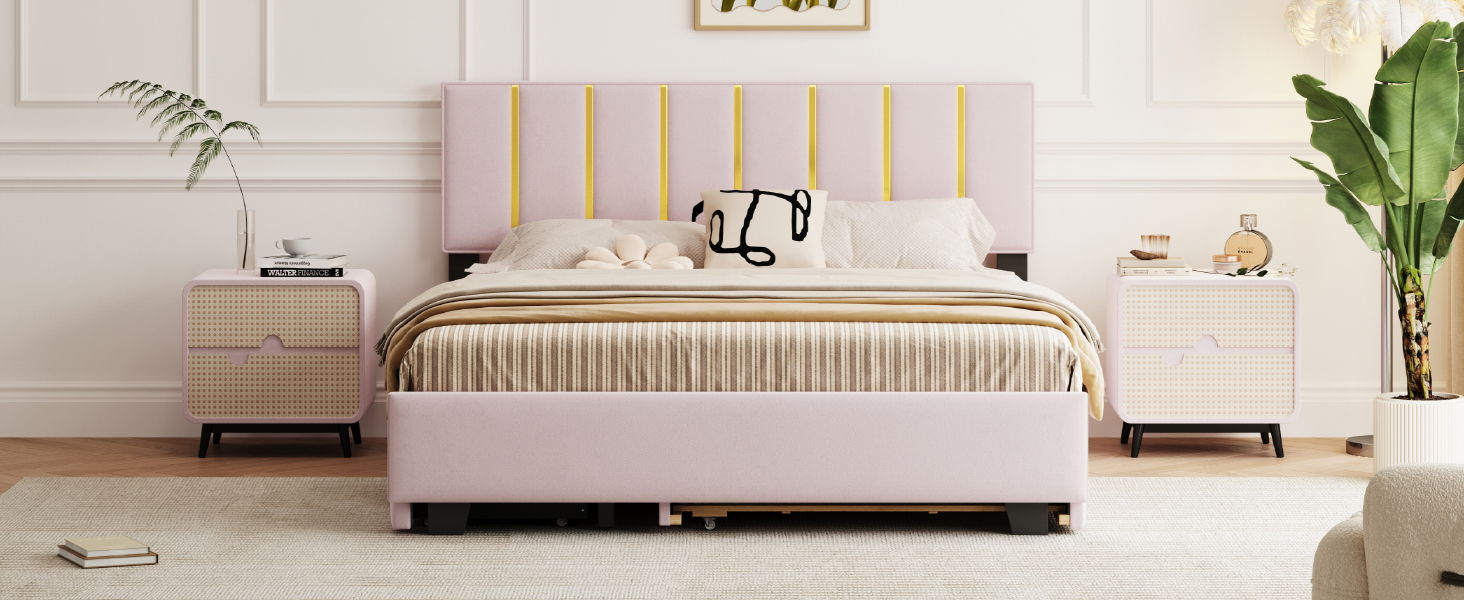Upholstered Platform Bed With 2 Drawers And 1 Trundle, Classic Strip Headboard Design