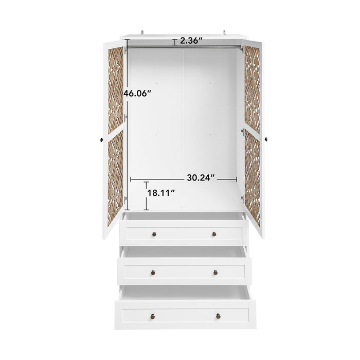 Hollow Pattern 2 Door 3 Drawer Wardrobe, The Collision Of Wood Color, Suitable For Bedrooms And Dressing Rooms - White