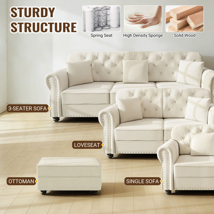 Upholstered Sofa With Nailhead Trim And Rolled Armrests, 1 Pillows - Beige / White