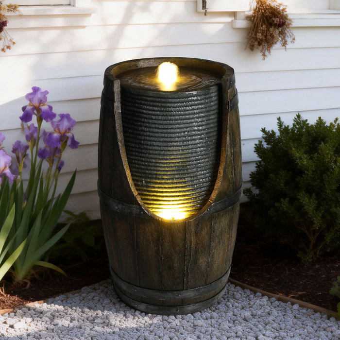 Rustic Barrel Water Fountain With LED Light