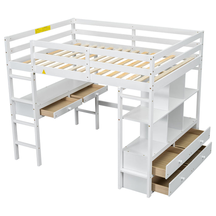 Full Size Loft Bed With Built In Desk, 2 Drawers, Storage Shelves - White