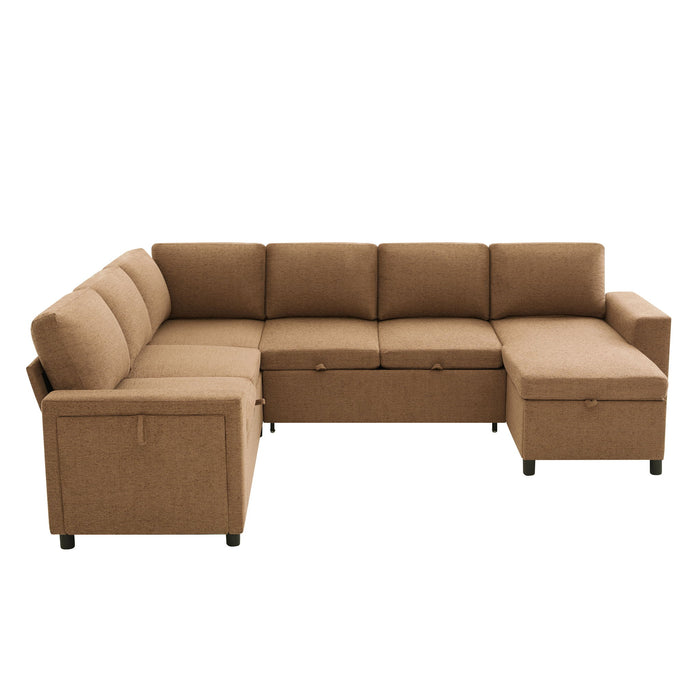 U - Shaped Convertible Sectional Sofa Bed With Storage, USB Charger & Cup Holders