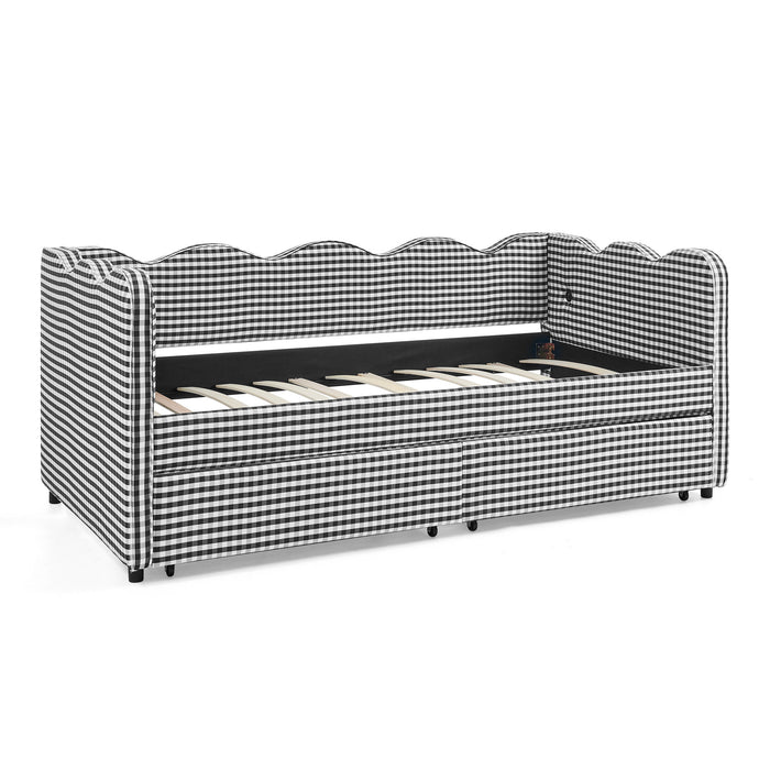 Gingham Daybed With USB Charging Port, Wave-Shaped Design