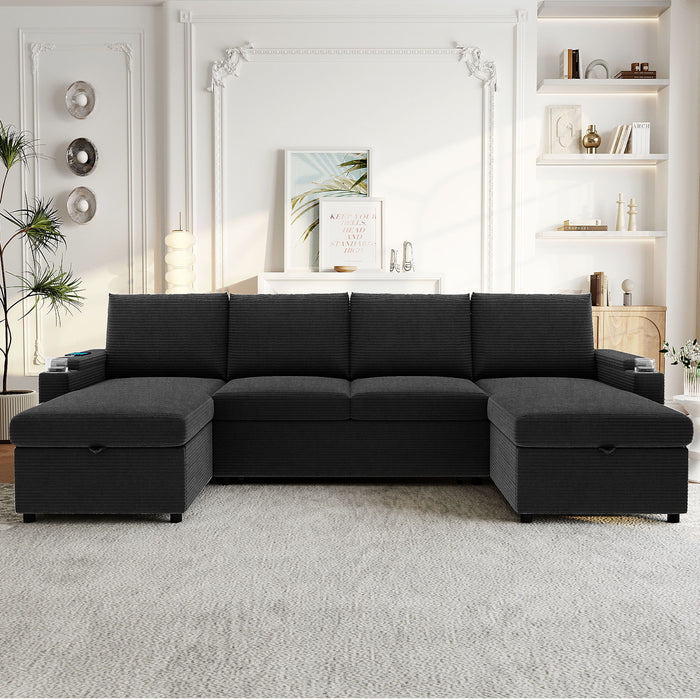 U Shaped Sectional Sofa Bed With Storage Chaise Lounges, USB Ports, And Cup Holders