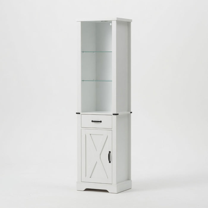 Pantry Cabinet With LED Lights And Barn Door With Tempered Glass Shelves - White