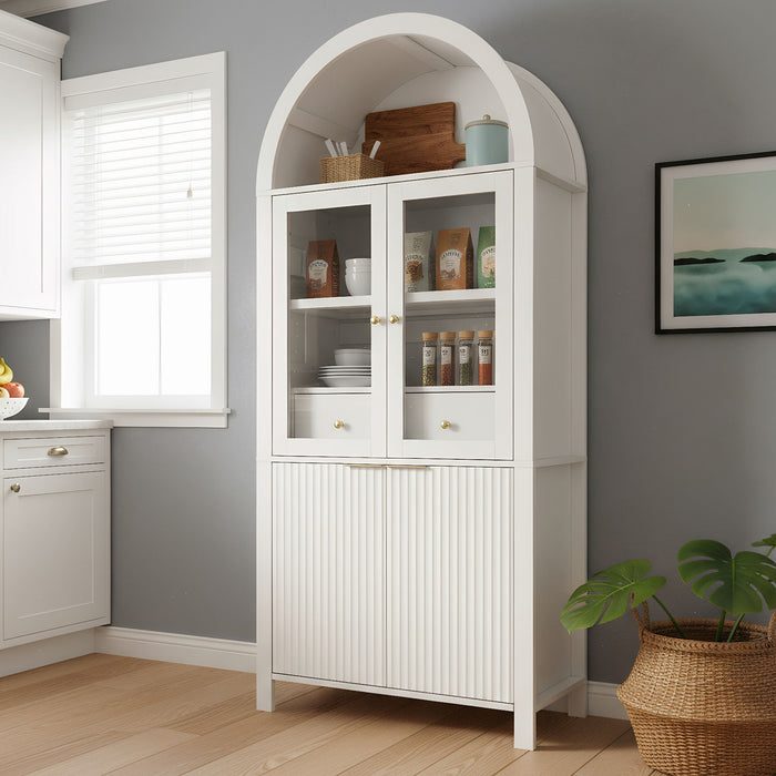 Fluted Tall Arched Pantry Cabinet With Adjustable Shelves, Glass Door & Hidden Drawer For Kitchen