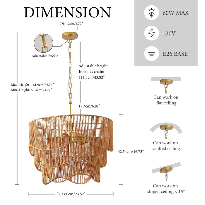 Chandelier With 7 Light E26 Base, Adjustable Height Wave Pendant Light For Living Room - Gold
