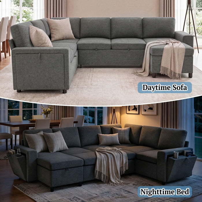 U - Shaped Convertible Sectional Sofa Bed With Storage, USB Charger & Cup Holders