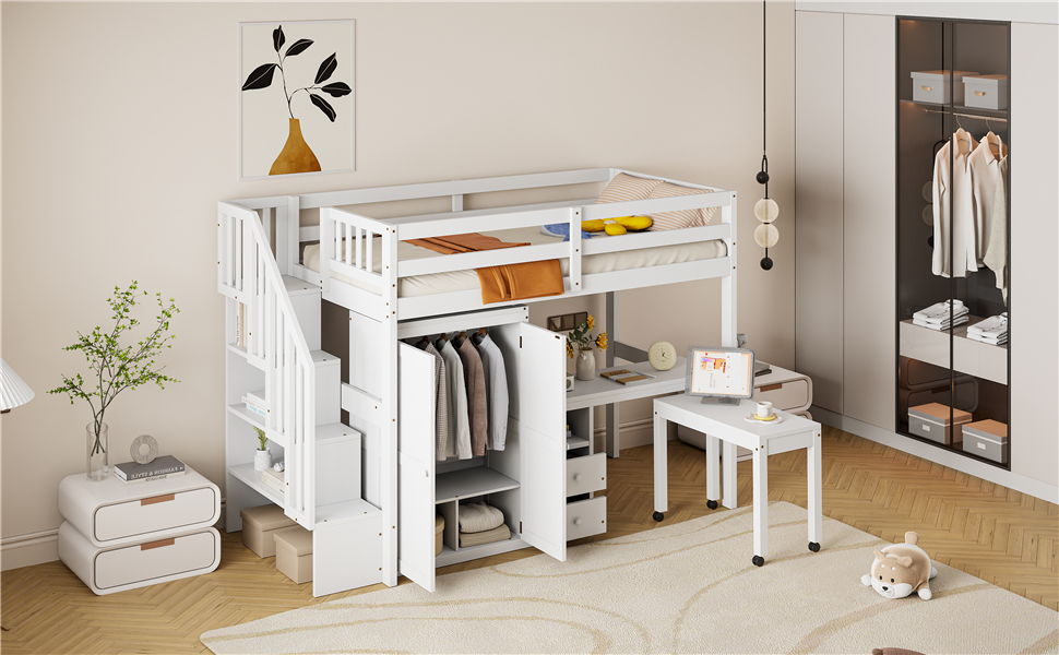 Loft Bed With Stairs, Bookshelf, Drawers, Desk & Wardrobe, Space Saving Multifunctional Furniture