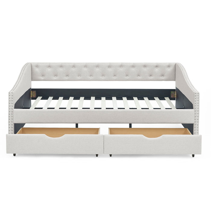 Upholstered Tufted Daybed With Drawers, Waved Arms
