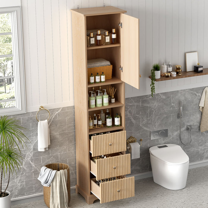 Tall Bathroom Cabinet With 1 Door, 3 Drawers, Open Storage - Wood