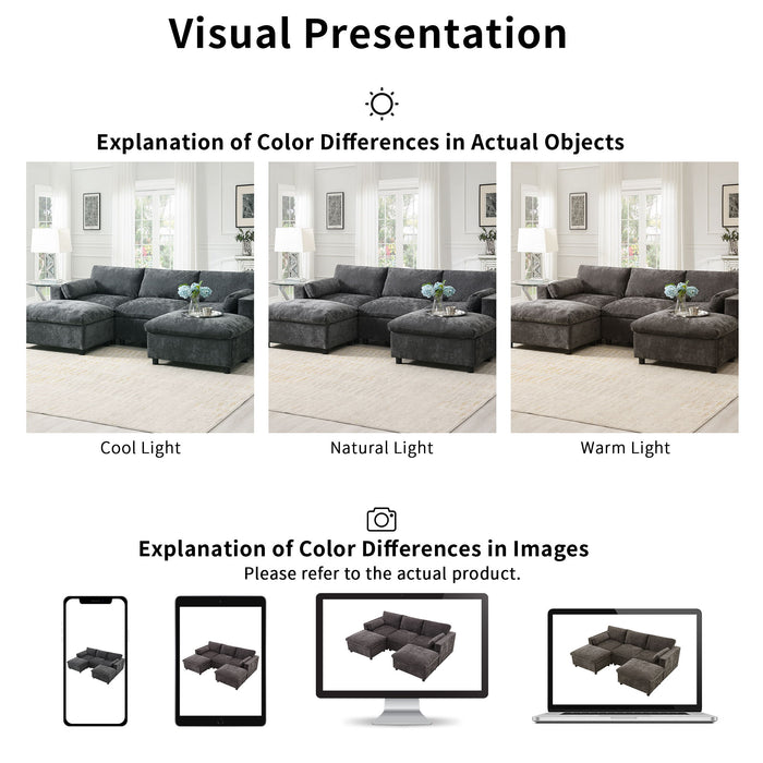 Modular Sectional With Storage Pockets, 5 Seat U Shaped Couch Set With Pillows, Free Combination Modern Cloud Sofa With 2 Movable Ottoman