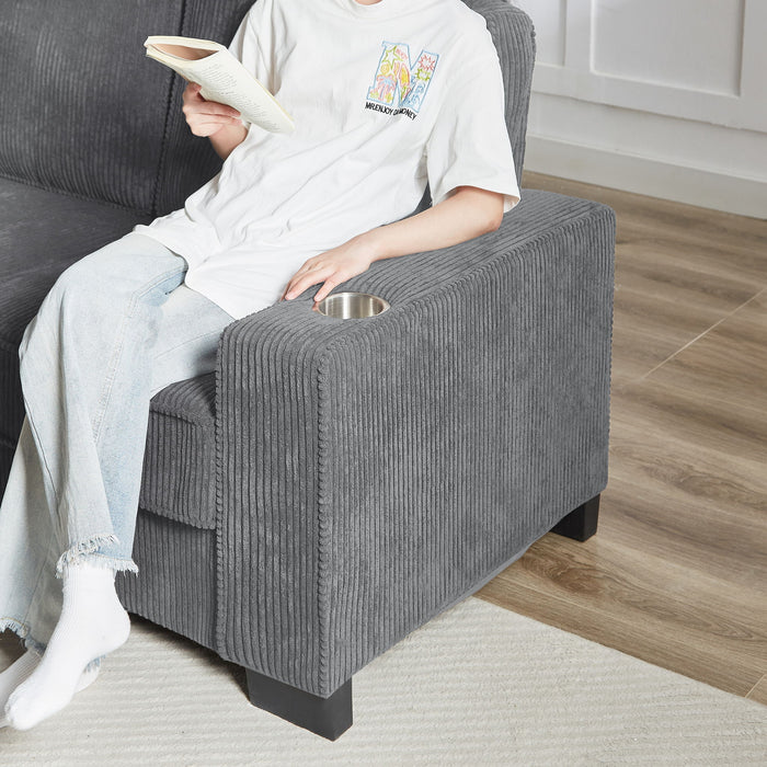 Modern Corduroy Fabric Sofa, 3 Seater Compressed Couch With Cup Holders