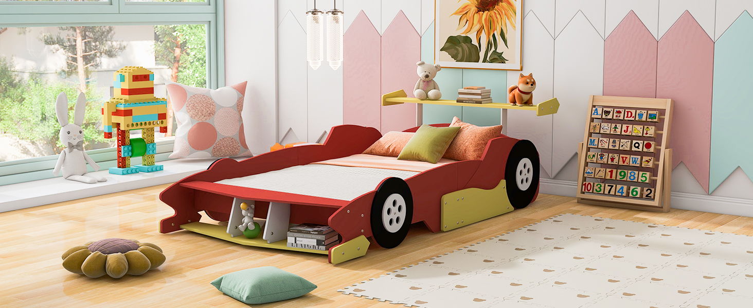 Race Car-Shaped Platform Bed With Wheels