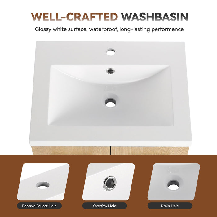Freestanding Bathroom Vanity Set With Tall Linen Cabinet, Single Sink, Extra Storage, Soft Close Doors - Glossy White / Light Oak