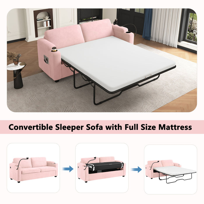 Sleeper Sofa Loveseat Sofa With Full Size Mattress, 2 USB Ports, 2 Cup Holders, 2 Side Pockets And Phone Holder