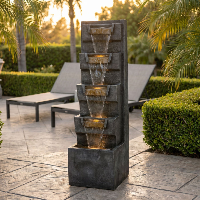 4 Tier Cascading Waterfall Fountain With Warm LED Lights, For Patio - Gray