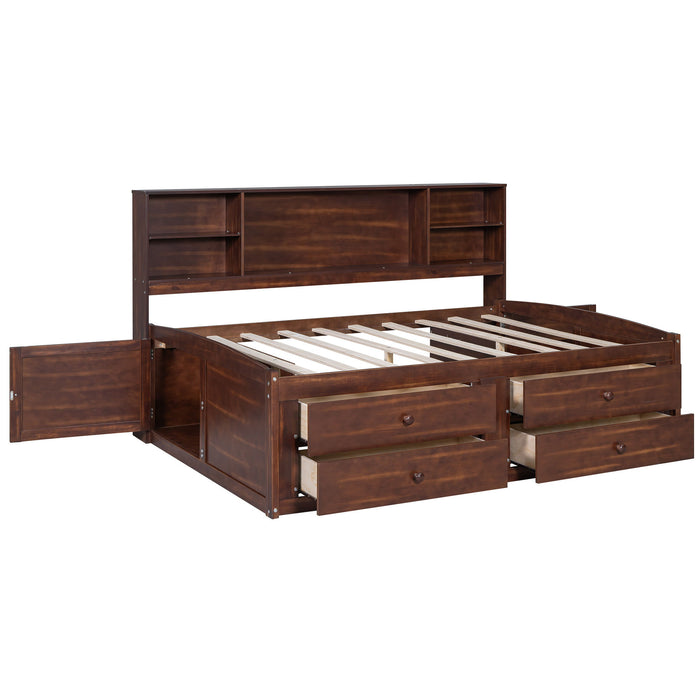 Full Size Captain Bed With Built In Storage Shelves, 4 Drawers And 2 Cabinets - Antique Brown