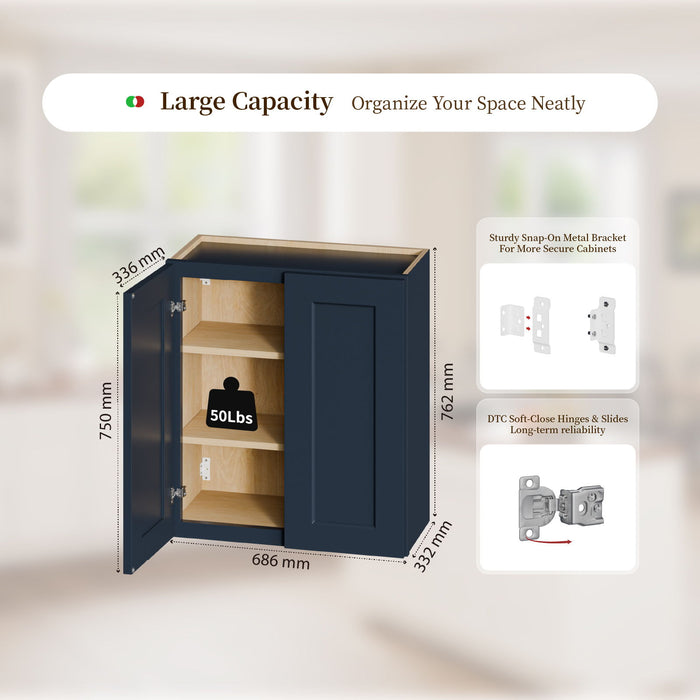 Shaker Wall Cabinet With Soft Close Hinges, Adjustable Shelves, Double Door