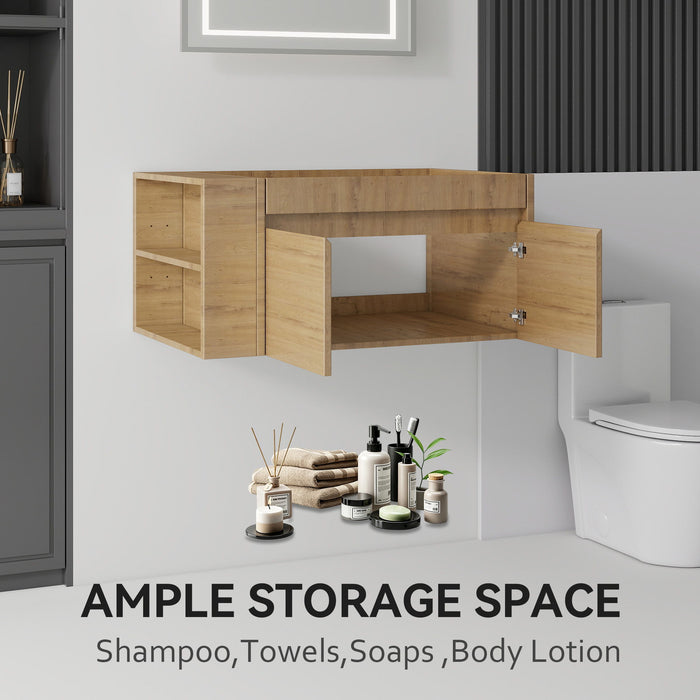 Floating Bathroom Vanity Cabinet, Soft Close Double Drawers, Open Side Storage, Wall Mounted, Cabinet Only