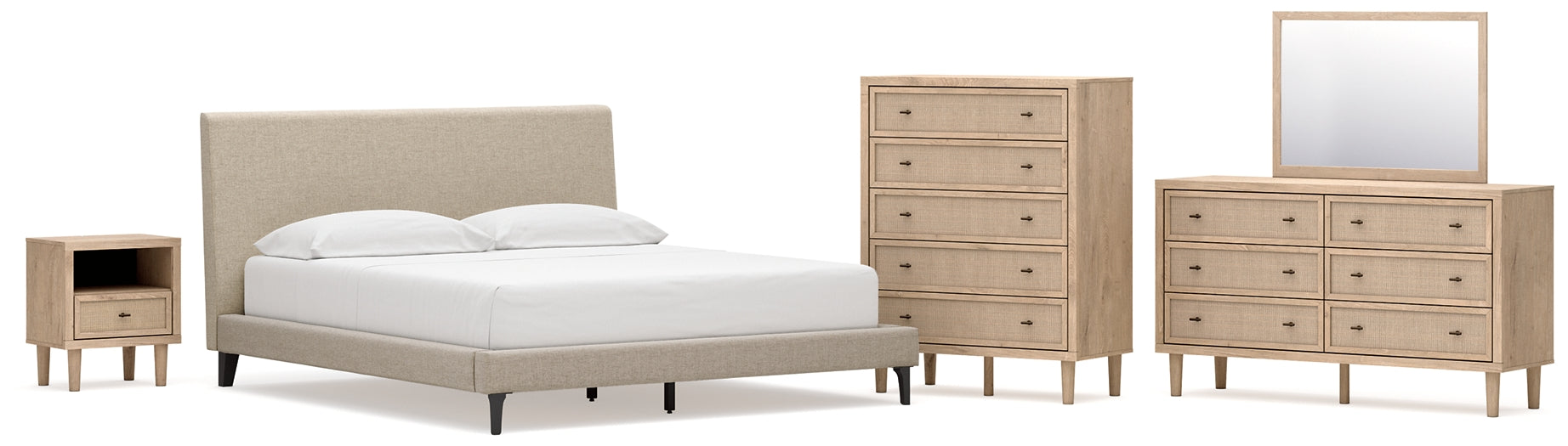 Cielden California King Upholstered Bed with Roll Slats, Dresser, Mirror, Chest and Nightstand