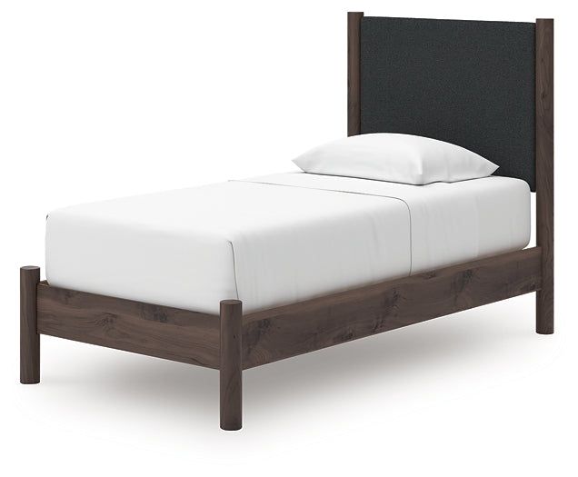 Pamytta Twin Upholstered Panel Platform Bed, Dresser, Mirror and Nightstand