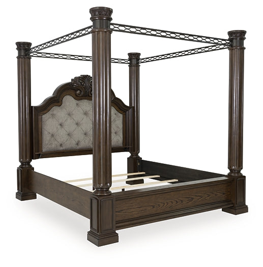 Maylee Queen Canopy Bed, Dresser, Mirror, Chest and Nightstand