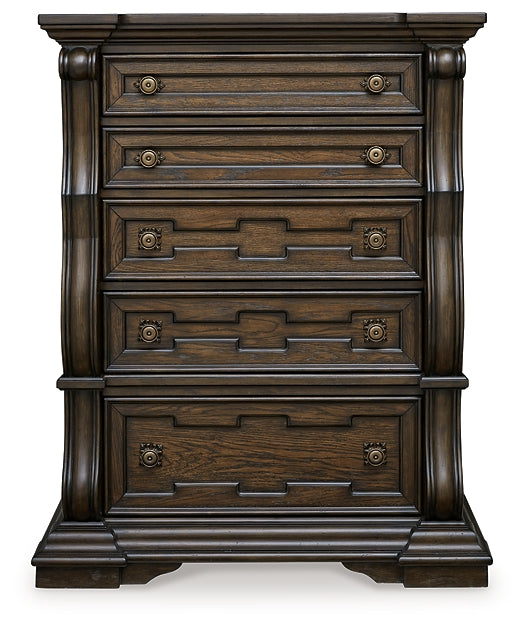 Maylee Queen Canopy Bed, Dresser, Mirror, Chest and Nightstand