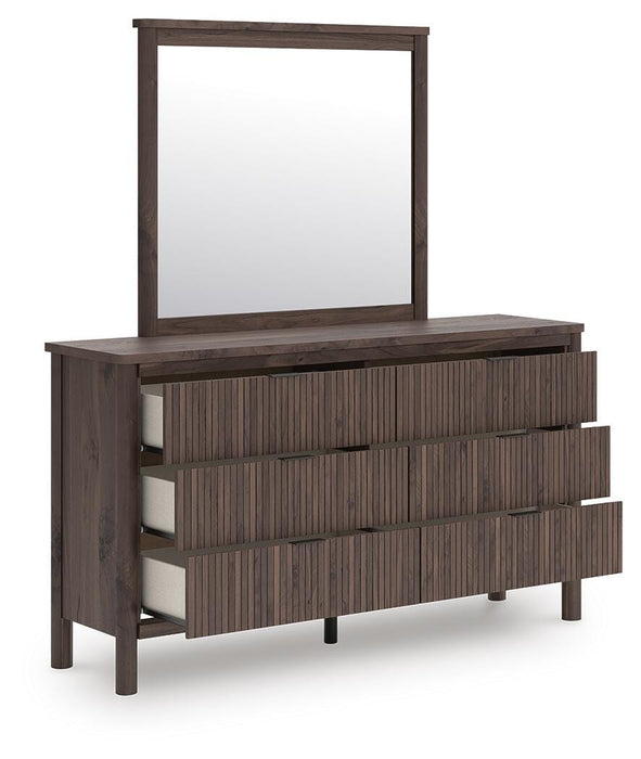 Pamytta Full Upholstered Panel Platform Bed, Dresser, Mirror, Chest and Nightstand