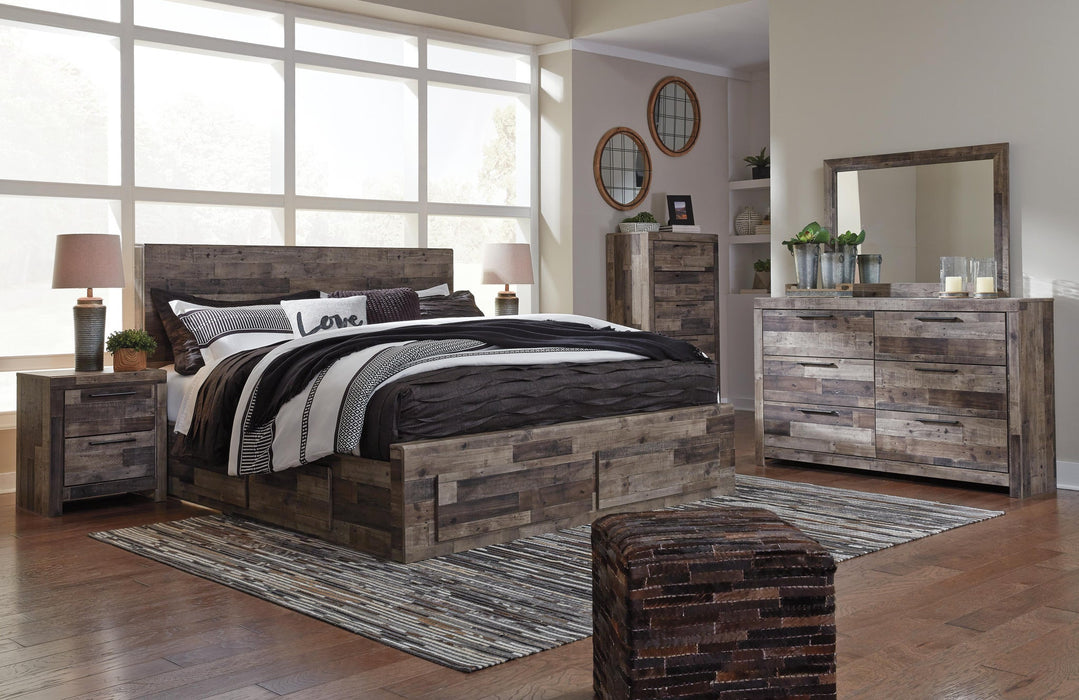 Derekson King Panel Bed with 4 Storage Drawers with Mirrored Dresser, Chest and Nightstand