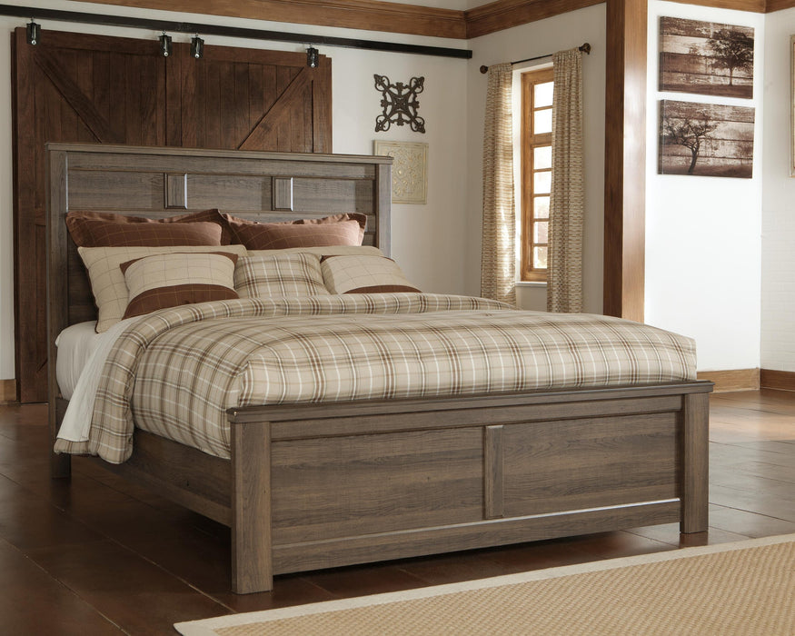 Juararo Queen Panel Bed with Mirrored Dresser, Chest and Nightstand