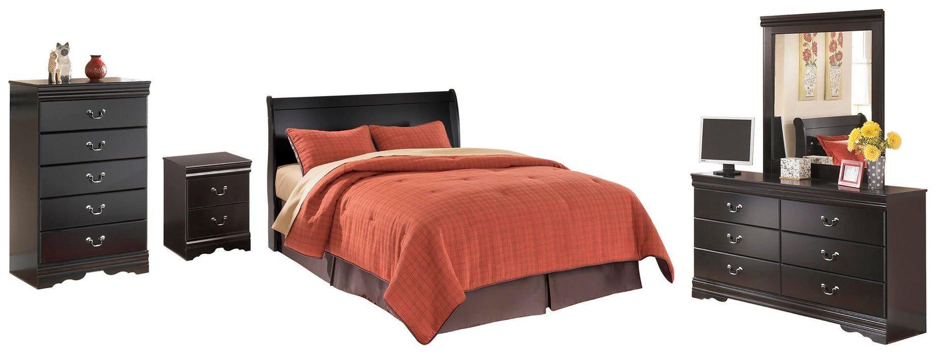 Huey Vineyard Queen Sleigh Headboard Bed with Mirrored Dresser, Chest and Nightstand