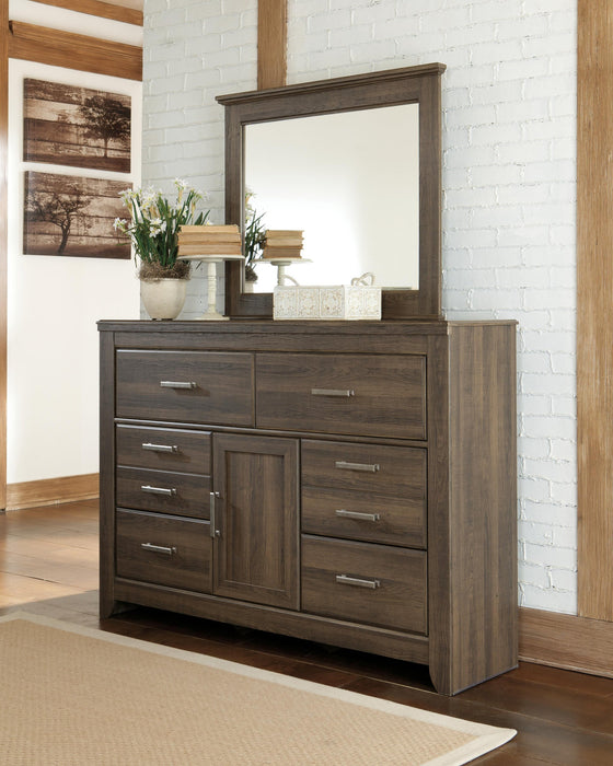Juararo Queen Panel Headboard Bed with Mirrored Dresser, Chest and Nightstand