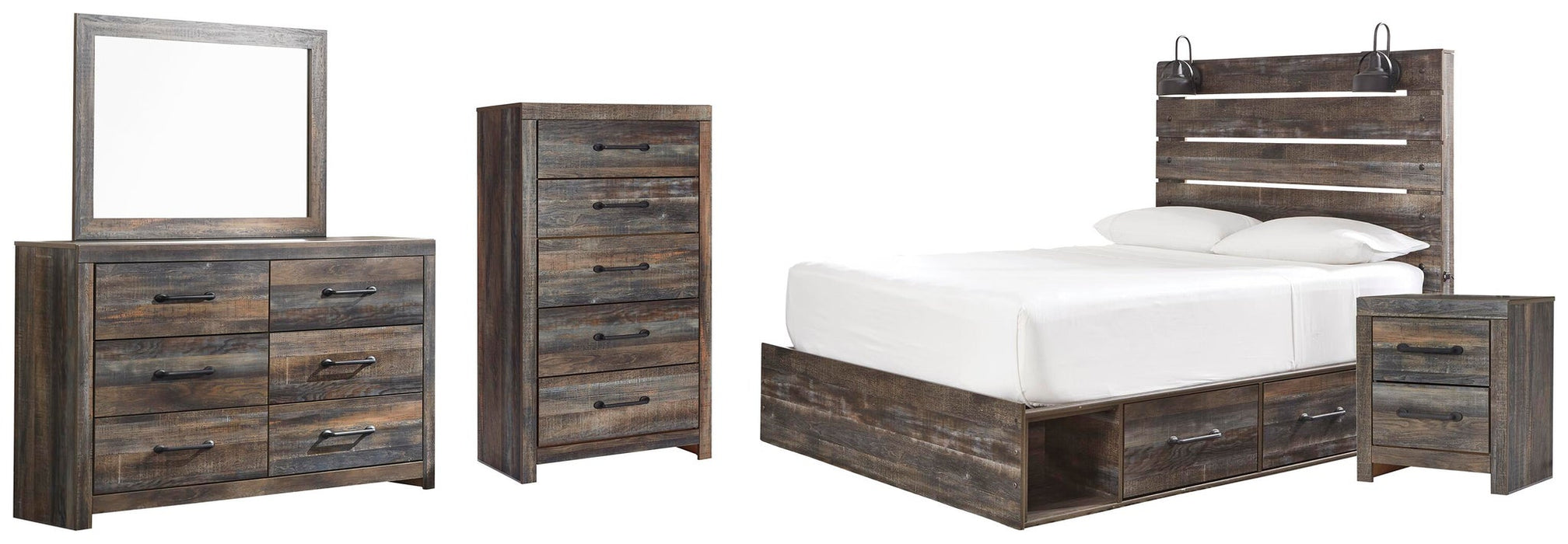 Drystan Queen Panel Bed with 2 Storage Drawers, Dresser, Mirror, Chest and Nightstand