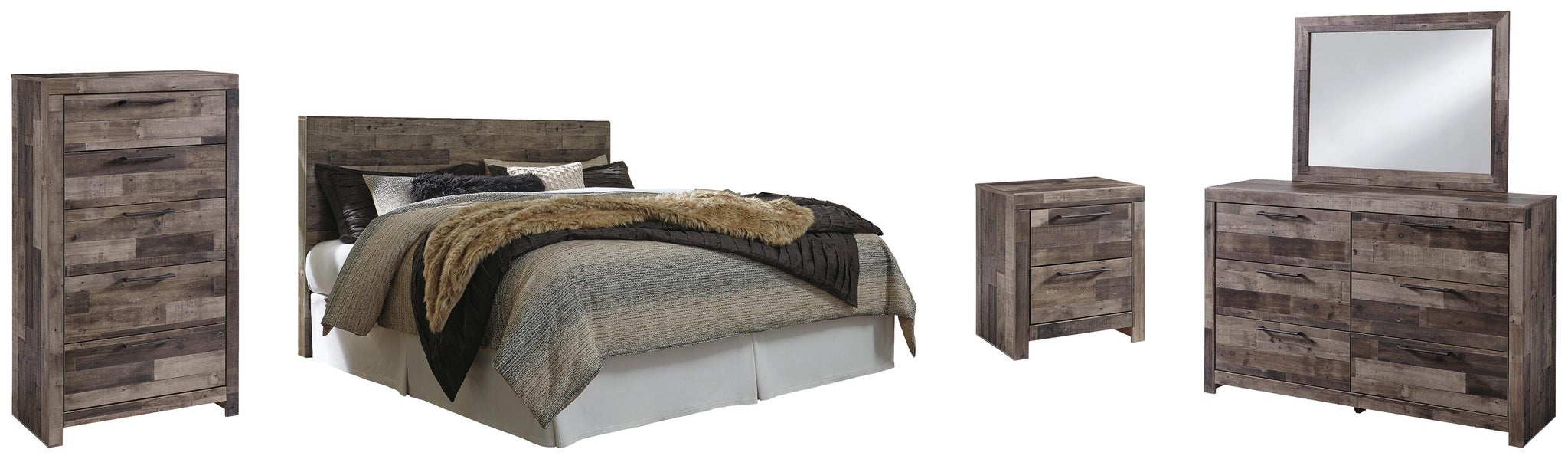 Derekson King Panel Headboard Bed with Mirrored Dresser, Chest and Nightstand