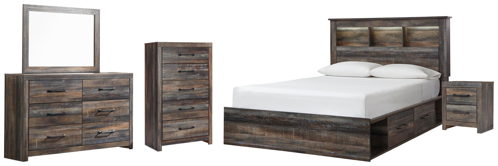 Drystan Queen Bookcase Bed with 4 Storage Drawers, Dresser, Mirror, Chest and Nightstand