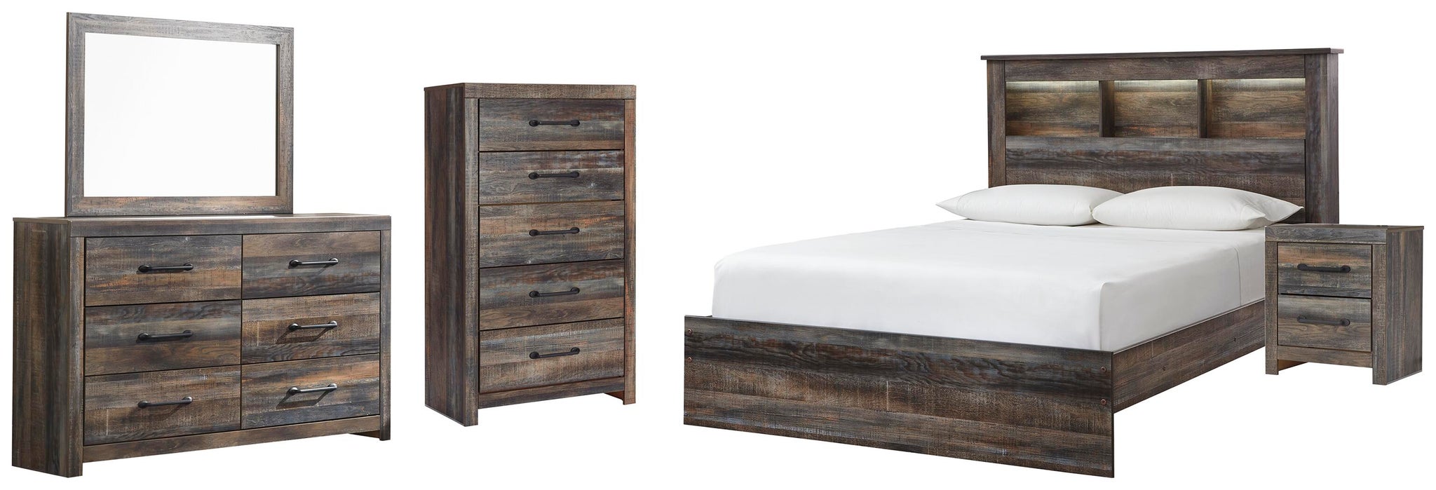 Drystan Queen Bookcase Bed, Dresser, Mirror, Chest and Nightstand