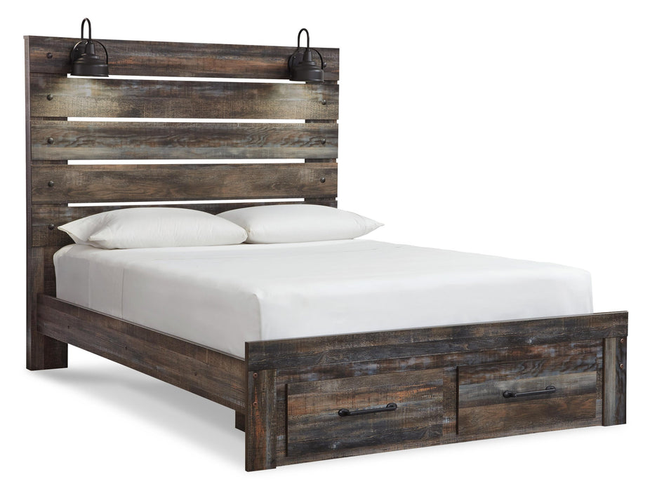Drystan Queen Panel Bed with 2 Storage Drawers with Mirrored Dresser